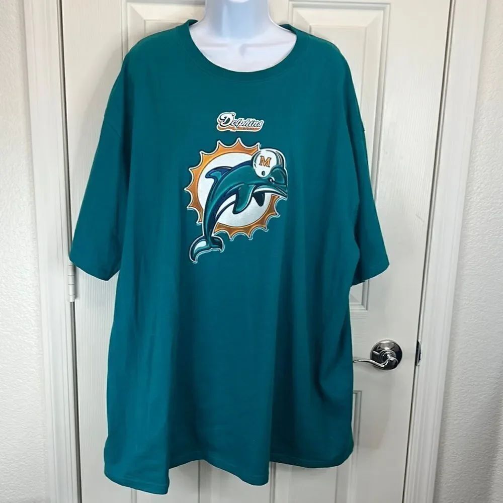 Dolphins T Shirt Sz XXL 💯% Cotton Teal Blue & Orange Scoop Neck Short Sleeve
